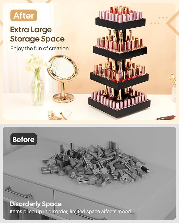 Homde Nail Polish Display Stand and Storage: 360 Degree Rotating Bamboo Rack Organizer, 4 Tier Makeup Holder for Fast Access on Countertop or Vanity for Girls & Women,Black