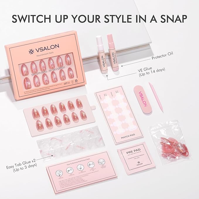 VSALON Press on Nails Short Almond - Pink Cat Eye Pastel Glitter Holographic Fake Nails Kit, Reusable Opaque Gel Chrome Glue on Nails with Glue & Cuticle Oil - Valentines Gifts for Women