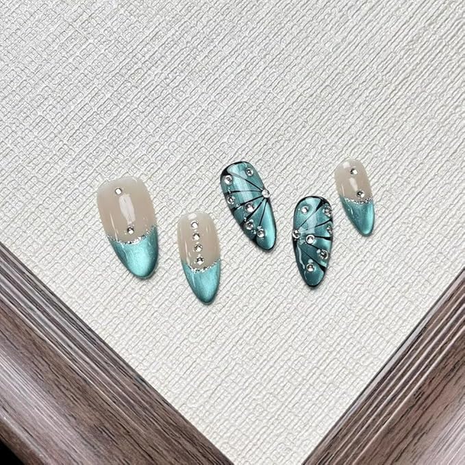 MAGLFELL Press On Nails Medium Almond Shape False Nails, Handmade Acrylic Gel Fake Nails with Art Designs, Reusable 10 Pcs 3D Nails for Women DIY Manicure Kit