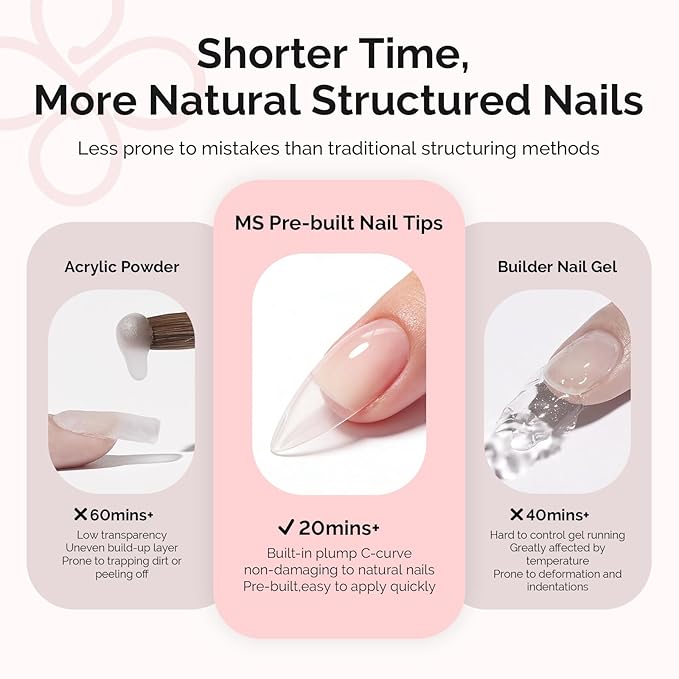 MelodySusie Medium Almond Gel Nail Tips Kit-300PcsPre-Building Apex Fake Nail Tips 20g Solid Nail Glue Gel,Half Matte Full Cover Clear Acrylic Nail,15Sizes Thick Strong Long Lasting for Home DIY&Salon
