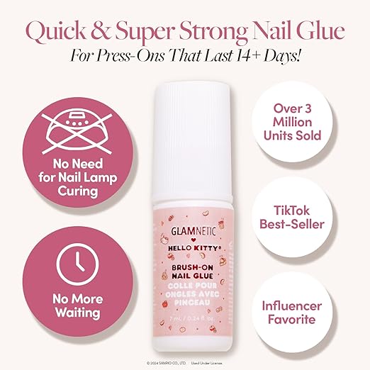 Hello Kitty™ x Glamnetic Super Strong Brush On Nail Glue | Brush Tip Applicator, Mess Free, Travel Friendly, Vegan | Durable & Long-Lasting | .24 fl. oz.