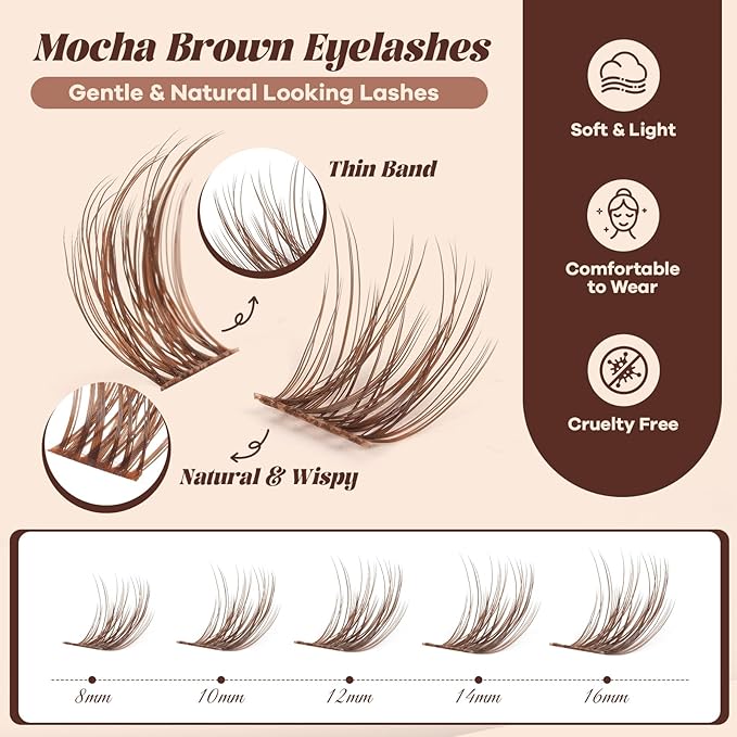 B&Q Brown Lash Clusters Kit Natural Mochalash Clusters 01, Brown Eyelash Clusters Kit C-Curl Cluster Eyelash Extensions 8-16mm Wispy Lash Eyelashes Kit for Fair/Dark Hair(Mochalash 01 Set)
