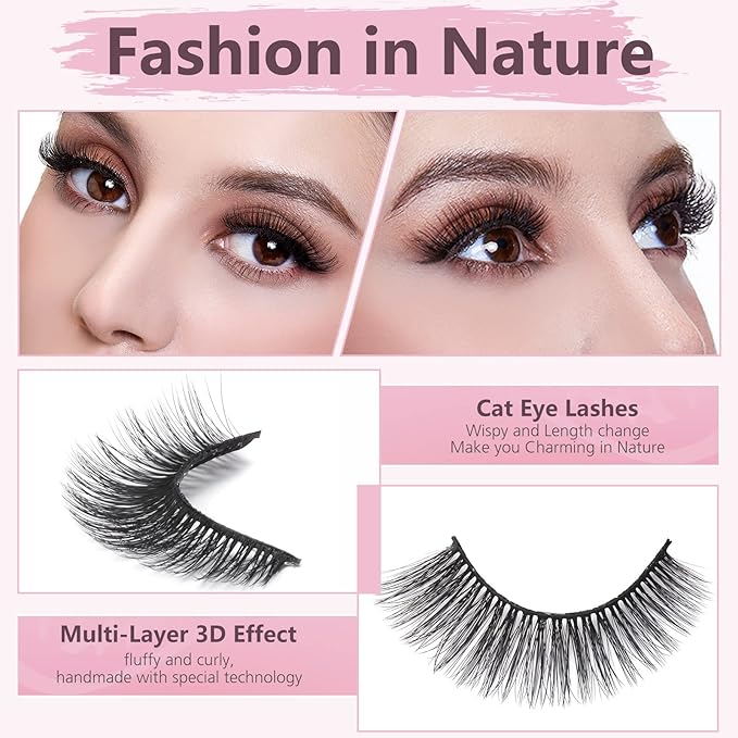 SONAFEEL Fake Eyelashes Natural Look 3d Mink Lashes Bulk 15mm 12Pairs Wispy Cat Eye Lashes Volume Strip Lashes Reusable False Eyelashes Pack