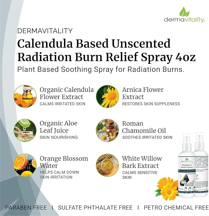 Radiation Burn Relief Spray - Calendula Spray for Radiation Treatment, Unscented, Fragrance Free, Natural Organic Plant Based Moisturizing Soothing Relief for Itchy and Sensitive Skin – 4 ounces