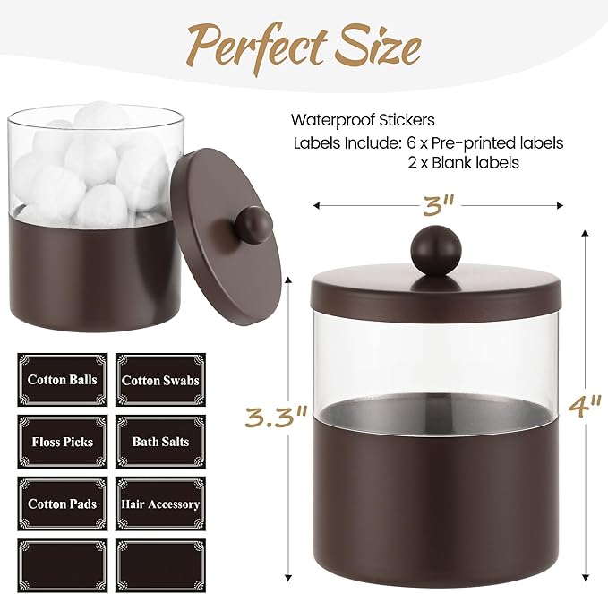 Gaussra Bronze Qtip Holder, Bathroom Jar - Stainless Steel Apothecary Jars with Stickers - Farmhouse Decor Qtip Dispenser for Qtips, Cotton Balls, Swabs, Makeup Sponges (2-Pack)