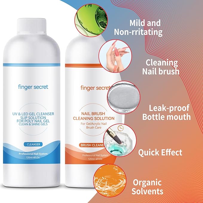 BEVINAS Slip Solution Kit Slip Solution & Nail Brush Cleaner Slip Solution for Poly Gel Nails Quickly Clean Nail Brushes with Glass Cup Nail Cleaning pads Easy DIY Poly Gel Nail at Home