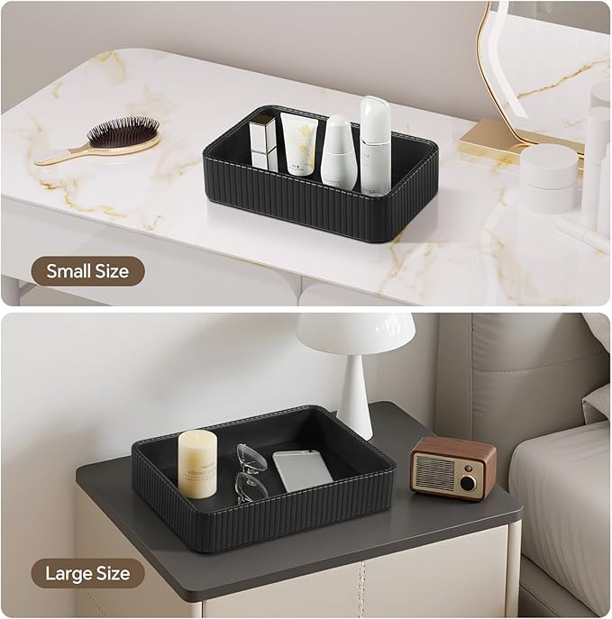 MEIBOOCH 2 Pack Nightstand Organizer Tray, Decorative Perfume Valet Tray Trinket Dish Catch All Purse Key Bowl, PU Leather Coffee Table Trays for Vanity Dresser Bedside Bathroom Countertop (Black)