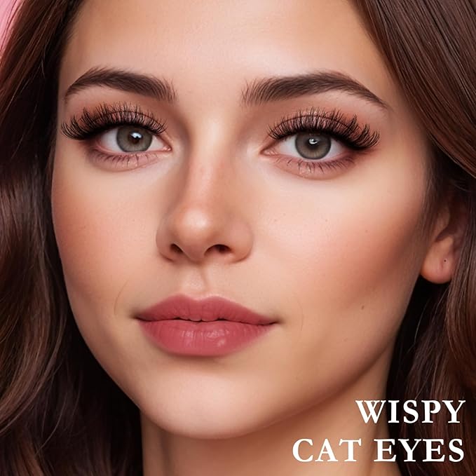 Lashes Wispy False Eyelashes Cat Eye Lash Strips Natural Fake Eyelash Mink Strip Lash Pack 14 Pairs Lightweight Fluffy Cateye Lashes Soft Cotton Band 7-14mm Wispies Easy Eyelashes Natural Look
