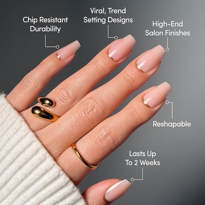 Glamnetic Press On Nails - Gold Goals | Medium Coffin Neutral Fake Nails with Gold Reverse French Tip, Salon Quality Nude Nails | 15 Sizes - 30 Nail Kit with Glue