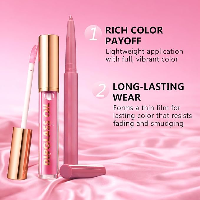 Jutqut Pink Lip Liner and Gloss Lip Kit, Waterproof Long-Lasting Combo Set with Matte Lip Liner Pencil and Non-Sticky Pluming Tinted Gloss, Highly Pigmented Lipliner Set for Women (01 Light Pink)
