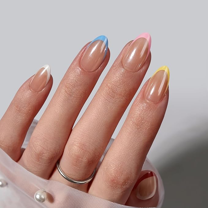 BTArtbox Press On Nails Short - Lamp-Curable Summer Colorful French Tip Almond Press On Nails with Glue for Women, Semi-Transparent Soft Gel Glue On Nails in 16 Sizes - 32 Stick On Nails Kit, Cha-Cha