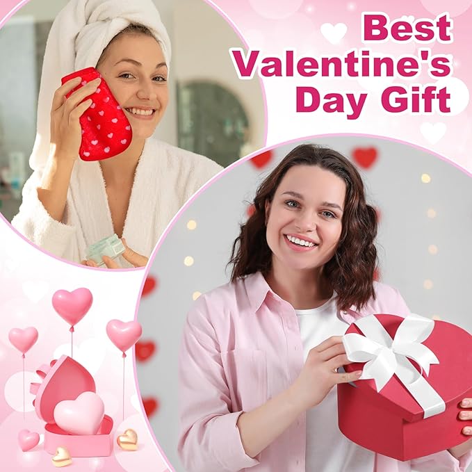 Frienda 24 Pcs Galentines' Valentines' Day Heart Makeup Remover Cloth 6" x 6" Towels Reusable Washable Remover Pads Soft Microfiber Washcloths Facial Cloths Makeup Towel Galentines' Gifts for Women