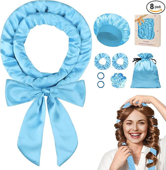 Ystrybo Satin Heatless Hair Curler Curls Overnight Hair Curlers to Sleep in, Hair Curlers No Heat Curls Overnight, Heatless Curling Set for Women Long Hair - 8 Pcs (Blue)