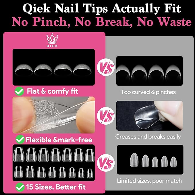 Qiek Medium Coffin Fake Nail Tips, 15 Sizes 240 PCS Clear Half Matte Press On False Nail Tips Pre-shaped Half Soft Cover Gel Nail Tips Extensions Thick Long Lasting for DIY Beginners & Salon Manicure