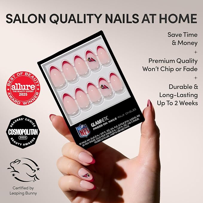Glamnetic x Fanatics Press On Nails - Arizona Cardinals | Short Almond Fake Nails, NFL Cardinals Blue French Tips, Football Nails, Salon-Quality | 15 Sizes - 30 Nail Kit with Glue