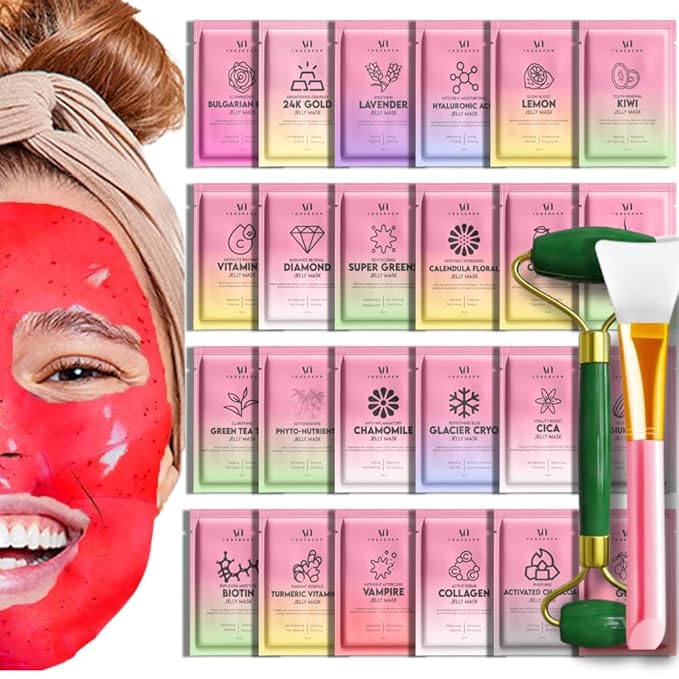 Jelly Mask for Facials - 24 Flavors Hydrating & Brightening Jelly Face Masks | Free Jade Roller & Spatula | Bulgarian Rose, Lavender, Hyaluronic Acid, 24K Gold face mask skin care |Vajacial Jelly Mask