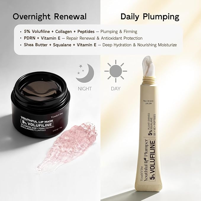 YouthVibe Lip Sleeping Mask Overnight Moisturizing – 5% Volufiline, Squalane, Shea Butter, PDRN & Collagen Hydrating Lip Mask Treatment for Lip Care, Dry & Flaky Lips