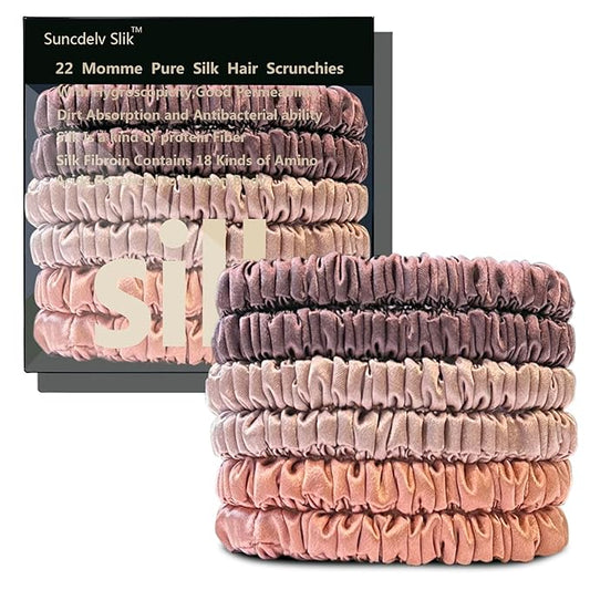 Suncdelv Silk,100% Silk Scrunchies for Hair,22 Momme Hair Ties for Anti-Crease & Breakage,Natural Women Hair Accessories，Fashion Hairbands 6PCS(Bean Paste, Rose Gold, Rubber Red)
