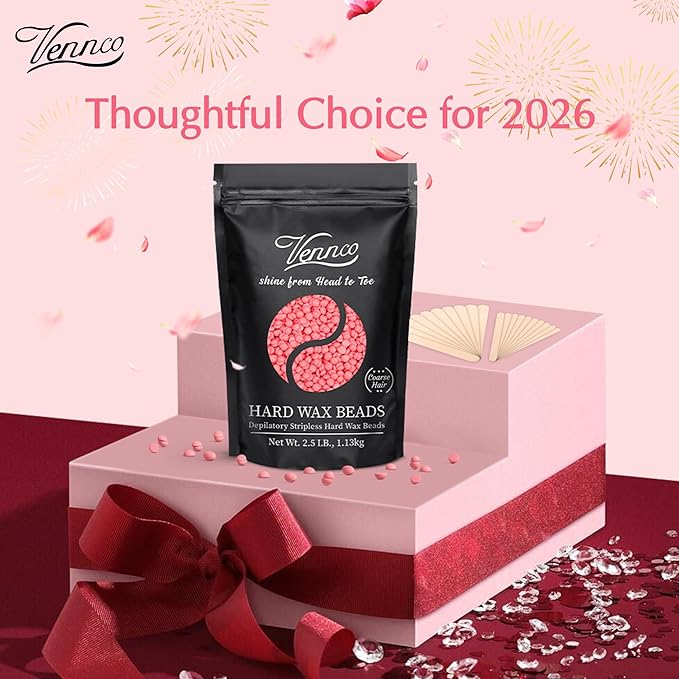 Vennco 2.5lb Pink Rose Hard Wax Beads for Hair Removal - Gentle Hard Wax for Face, Bikini, and Brazilian Areas - Wax Refill for Full Body Professional Home Waxing