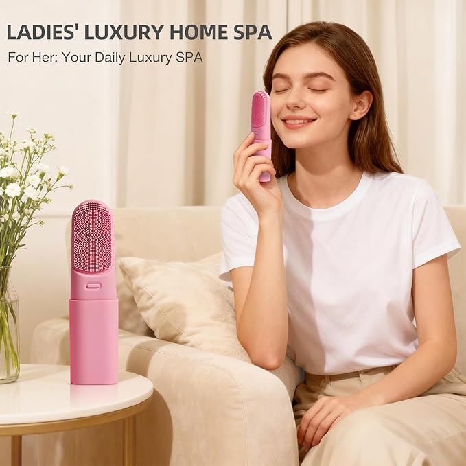 Facial Scrubber Electric Facial Cleansing Brush with Heated, Makeup Remover Cleansing Exfoliating and Massaging,3 Modes,Waterproof Rechargeable Portable Facial Brush for Woman & Men(Mist Rose Pink)