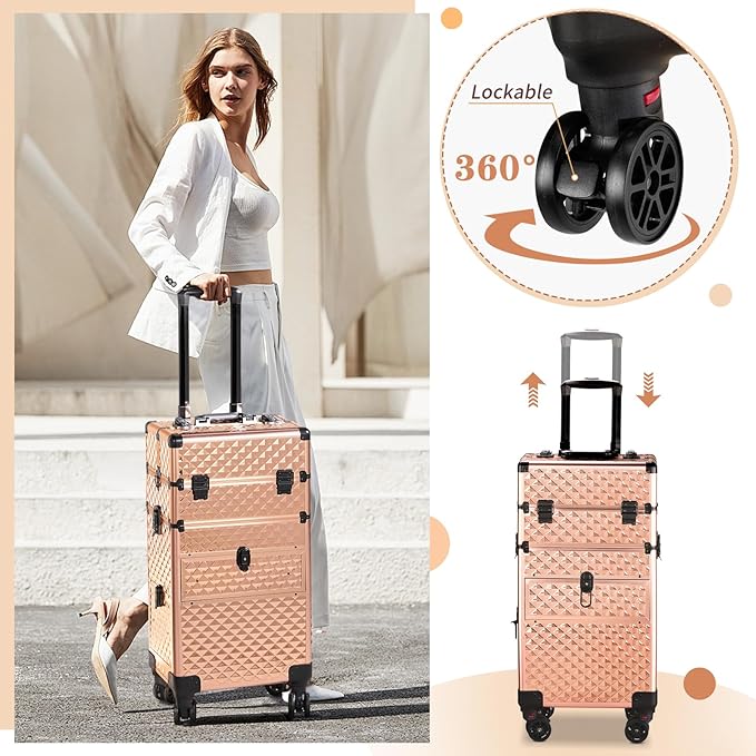 Karl home Rolling Makeup Case with Wheels & 2 Drawers, 3 in 1 Large Capacity Trolley Makeup Travel Case, Professional Cosmetology Lockable Travel Cosmetic Storage Train Cases, Champagne Gold