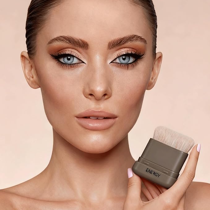 ENERGY Kabuki Foundation Brush with Cover – Adjustable Head, Small Travel Makeup Brush for Cream, Liquid, Powder, Bronzer or Highlight, Face Contour Brushes for Easy Blending, Self Tanner Mini