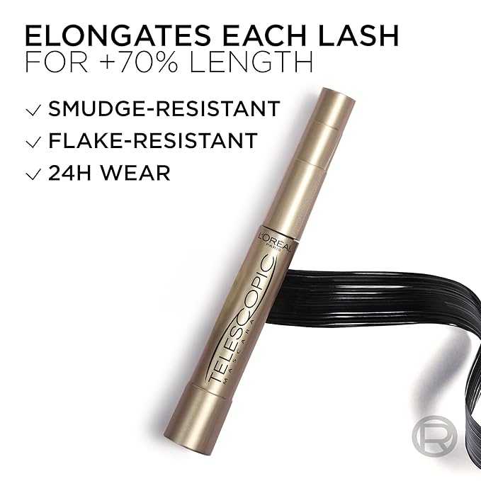 L'Oreal Paris Makeup Telescopic Original Lengthening, Lash Separating Mascara with Dual Precision Brush, Washable, Blackest Black, 0.27 Fl Oz., 2 Count