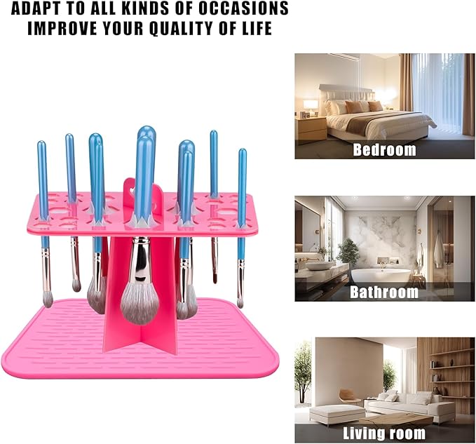 Acrylic Brush Holder, 26 Slots Drying Holder Rack, Makeup Brush Storage Organizer for Hanging, Display Stand Upside Down with Suction for Women Girls (Pink)