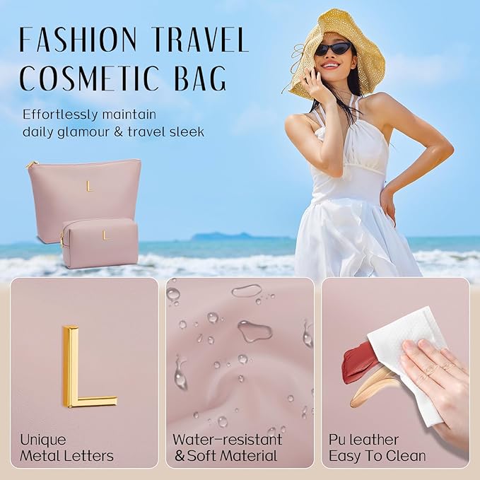 Women Gifts | Initial Makeup Bag Set for Girl Personalized Gifts for Bridesmaid Friend Graduation Teachers PU Leather Cosmetic Travel Toiletry Bag(Pink,L)