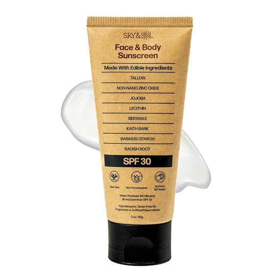 Sky and Sol Natural Mineral Sunscreen SPF 30 3 oz: Natural Tallow & Zinc Oxide, Reef Safe, Water Resistant, Fragrance-Free, Non-Greasy Formula for Face and Body
