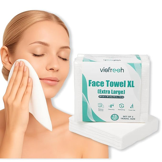 Disposable Face Towel Travel Pack – XL 10"×12" Face Towelettes Disposable, Ultra-Soft & Thick Travel Face Wipes for Sensitive Skin, Makeup Remover Dry Wipes, 15 Towels per Pack – Visfresh (3 Packs)