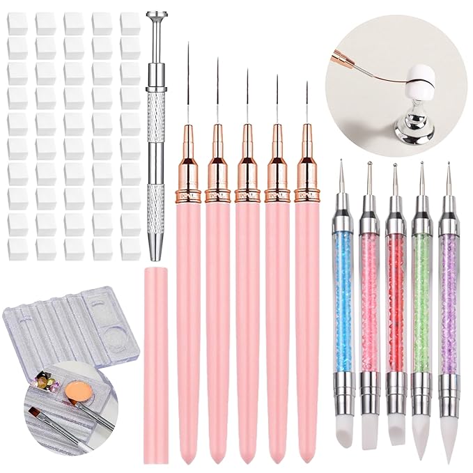 62Pcs Nail Art Pens brushes Set, Nail Sponges for Ombre with Grabbing Pen, Dual Tipped Silicone Dotting Sculpture Pen, Liner Brushes for Nails and Mixing Palette Pen Holder, Nail Brushes for Nail Art