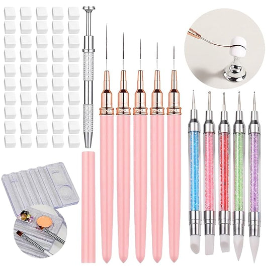62Pcs Nail Art Pens brushes Set, Nail Sponges for Ombre with Grabbing Pen, Dual Tipped Silicone Dotting Sculpture Pen, Liner Brushes for Nails and Mixing Palette Pen Holder, Nail Brushes for Nail Art