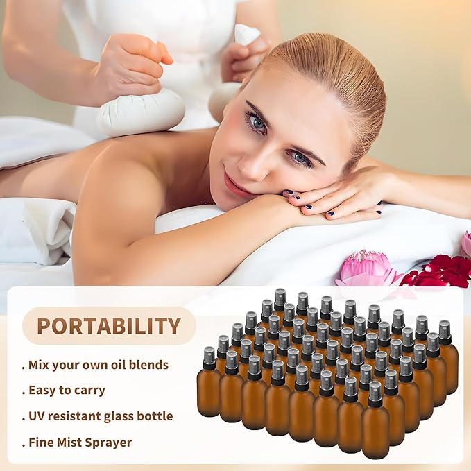 BILLIONSTARS 48 Pack 2oz Glass Boston Round Bottle with Fine Mist Sprayer - Amber Frosted - Essential Oils, Bath, Beauty, Hair & Cleaning - Leakproof Travel Bottles