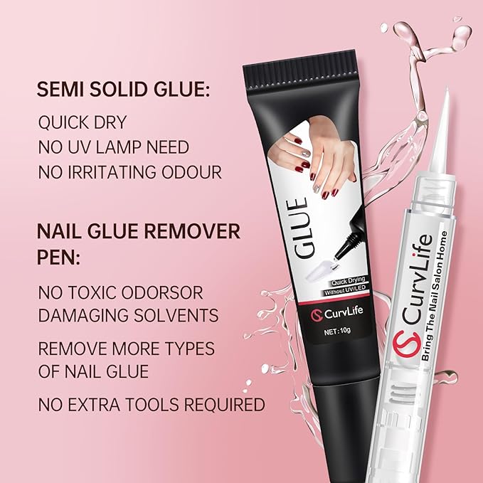 Curvlife 10g Semi Solid Nail Glue Gel with 5ml Nail Glue Remover Pen, No Need for Uv Light, Valentine's Day Gifts Gel Glue for Press On Nails, Click&Remove Pen