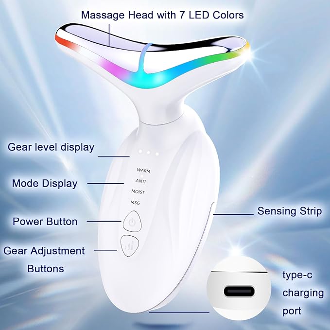 Facial and Neck Massager - SIQUER Red Light Therapy for Face 7 in 1 Face Sculpting Tool Multifunctional Face Lift Device for Lifting Double Chin and Skin Care, White