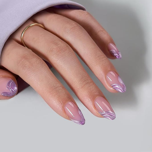 BTArtbox French Tip Press On Nails - Lamp-Curable Chrome Short Almond Press On Nails with Glue for Women, Semi-Transparent Soft Gel Glue On Nails in 16 Sizes - 32 Stick On Nails Kit, Mermaid Tail