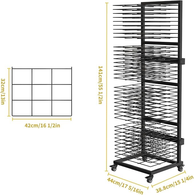 Art Drying Rack with 36 Shelves, Wall Mount Painting Drying Rack for Classroom, Studio, Mobile Canvas Rack Art Storage with 4 Wheels, 17 5/16” W X 15 1/4” D X 55 1/2” H