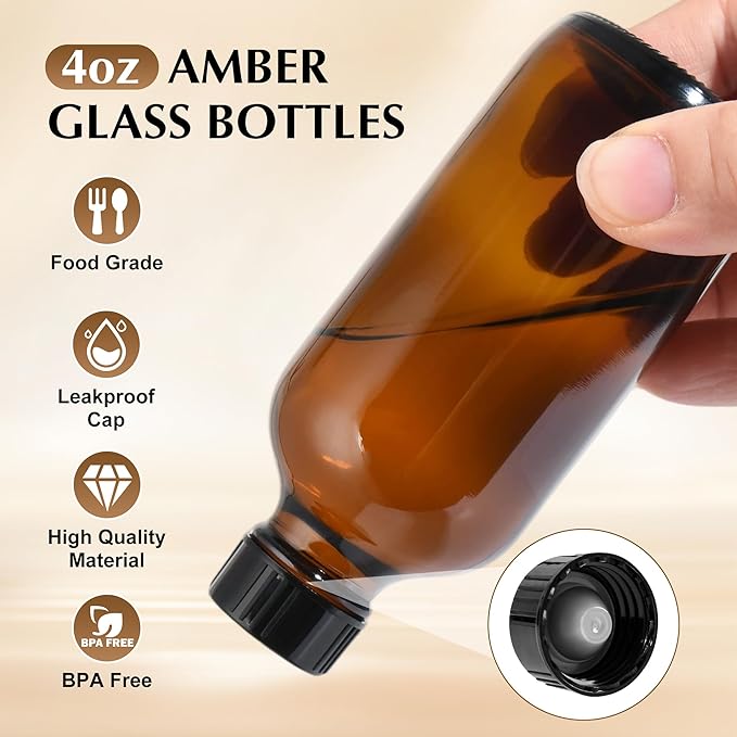 Exlvanto Small Glass Bottles with Lids Boston Round Shot Bottles for Health, Immunity, Ginger Juice, Essential Oils, Potion - Leak Proof Mini Travel Containers (Amber UV, 4oz-12Pack)
