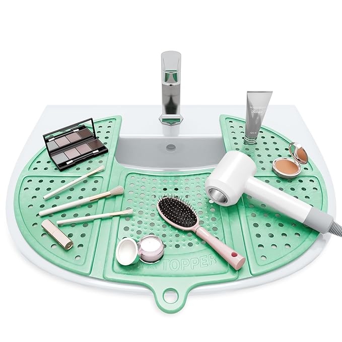 Sink Topper Bathroom Counter Cover & Storage Saver, Foldable Silicone Mat for Hot Tools, Hair Styling & Makeup, Beauty Brush Cleaning Mat, RV Camper Sink Cover & for Small Spaces (Standard Green)
