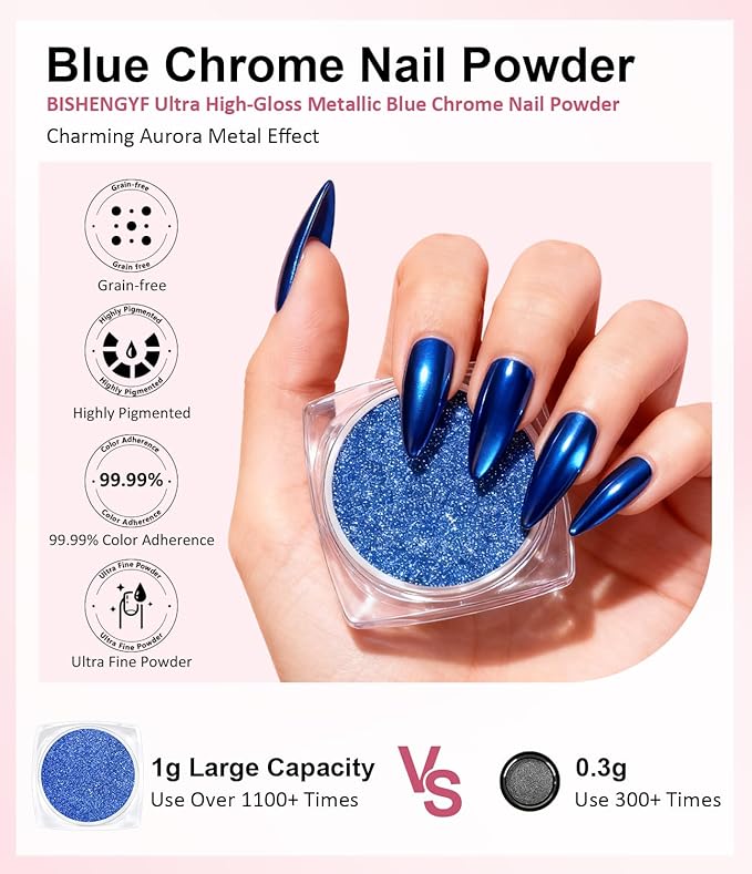 BISHENGYF Gold Chrome Nail Powder - Sparkly Laser Holographic Nail Powder Metallic Mirror Effect Ice Blue Nail Chrome POwder, White Pearl Pigment Holo Iridescent Glitter Dust Kit, Nail Art Decoration