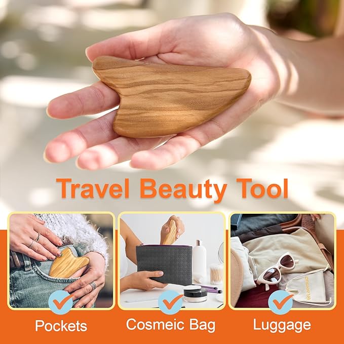 Gua Sha Facial Tools - Face Massager Tool for Lymphatic Drainage, Jawline Shaper, Double Chin Reducer, Face Sculpting Tool with Pouch - Skin Care Gift for Mum Wife, Natural Olive Wood