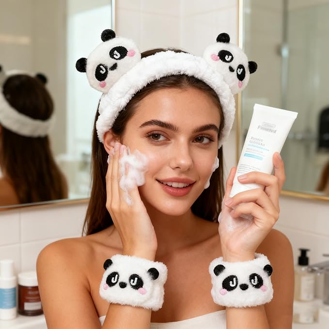 Gniwhd 6PCS Cute Cat Ears Spa Headband for Washing Face Makeup Skincare Headband with Wrist Bands, Sleepover Party Supplies for Women/Teen Girl Trendy Stuff Present (6PCS Panda, standard size)