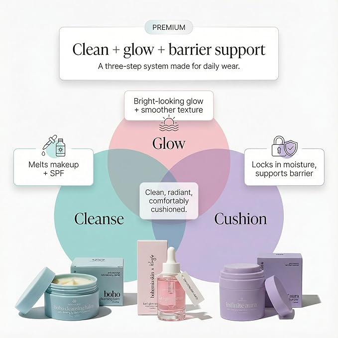 Kay’s Glow Serum + Infinite Aura Moisturizer + Boho Cleansing Balm – Oxygen-Infused THDA Vitamin C with Gentle AHA for Face and neck | Hydrates, Soothes and Brightens Bundle