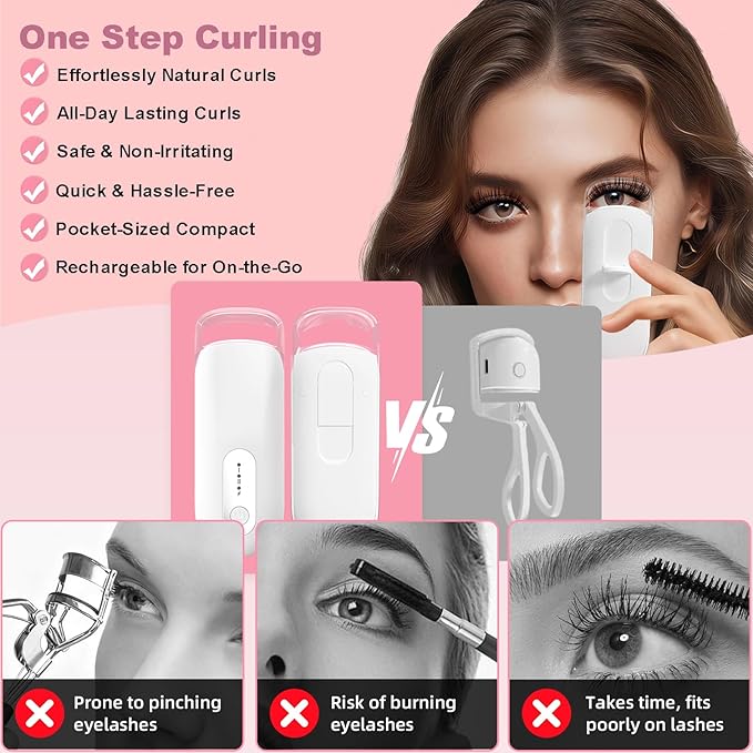 Transparent Heated Eyelash Curler, Electric Eye Lash Curler 10S Fast Heat 24Hrs Long Lasting, Portable Travel Natural C Curl Lashes Type-C Rechargeable Eyelash Curlers (White)