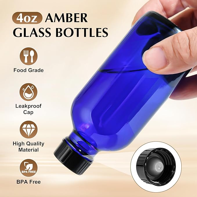 Exlvanto Small Glass Bottles with Lids Boston Round Shot Bottles for Health, Immunity, Ginger Juice, Essential Oils, Potion - Leak Proof Mini Travel Containers (Blue UV, 4oz-12Pack)