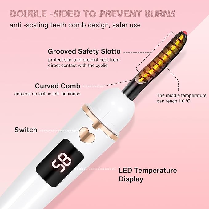ShenlanBolt Heated Eyelash Curler for Women, Electric Lash Curler with 10s Fast Heating, 4 Adjustable Temp (65°C-95°C), 24H Curl, USB-C Rechargeable, Ergonomic Design, Travel-Friendly Makeup Tool Gift