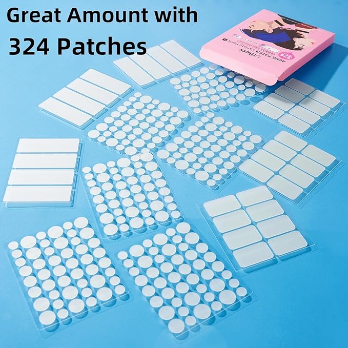 6、LitBear Large Pimple Patches, 5 Sizes 324 Patche Big Acne Patches, XL Hydrocolloid Bandages for Full Face, Forehead, Chin, Nose, Body, Back, Neck & Chest, Stirp, Square Large hydrocolloid Patch