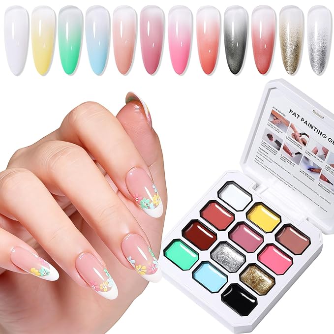 GELLAKTIK 12 Color Patting Nail Gel Polish, Ombre Painting Gel Palette French Gradient Gel Nail Blush Blooming UV/LED Curing for Gradient Nails, Beginner Friendly DIY Manicure Set