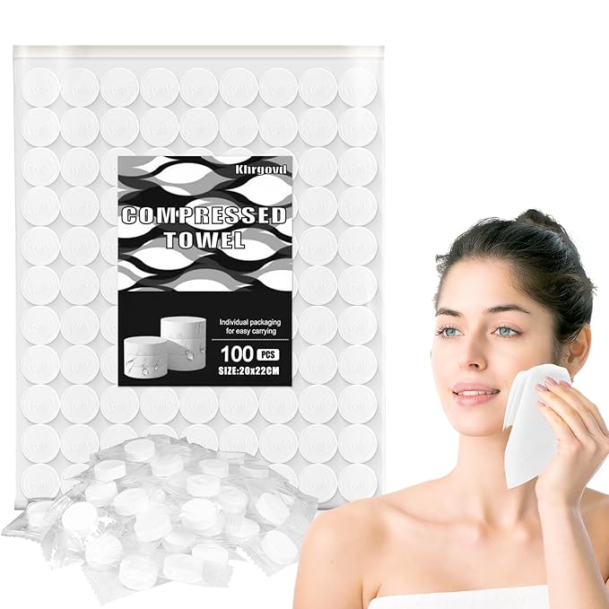 Khrgovd 100PCS Compressed Towel Tablets Mini Disposable Compressed Towel Tablets，Bulk Coin Tissues，Disposable and portable face towels suitable for travel, Camping, Sports, Beauty Salons, Home use
